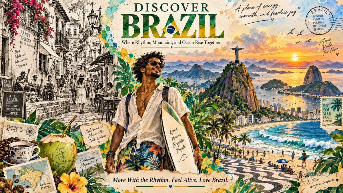 A Discover Brazil post card: a man on the wave-patterned Copacabana promenade with Christ the Redeemer and Sugarloaf Mountain at sunset behind. Dreamy Post Card 4K desktop wallpaper by Dreams On Kanvas