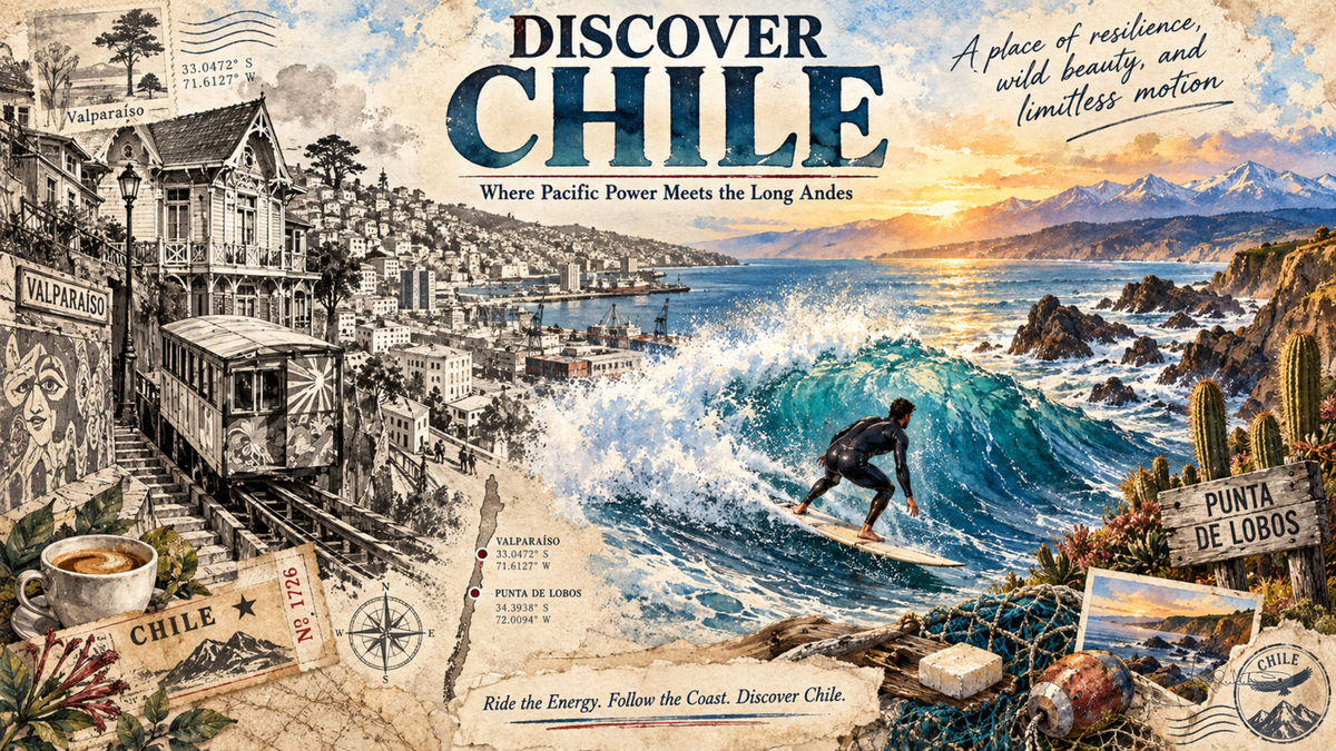 A Discover Chile post card: a surfer riding a big wave at Punta de Lobos, with the hillside houses of Valparaíso sketched in sepia down the left. Dreamy Post Card 4K desktop wallpaper by Dreams On Kanvas