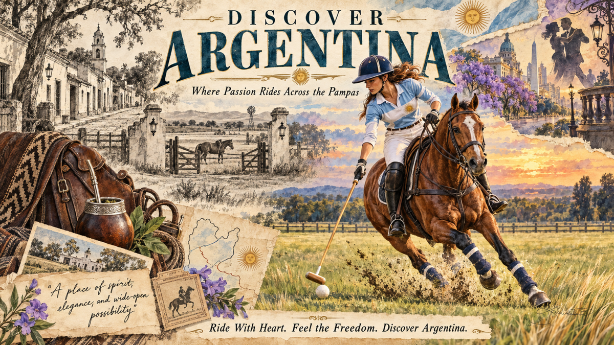 A Discover Argentina post card: a polo player mid-swing on horseback across the pampas, with a mate gourd, jacaranda and a Buenos Aires sketch around them. Dreamy Post Card 4K desktop wallpaper by Dreams On Kanvas