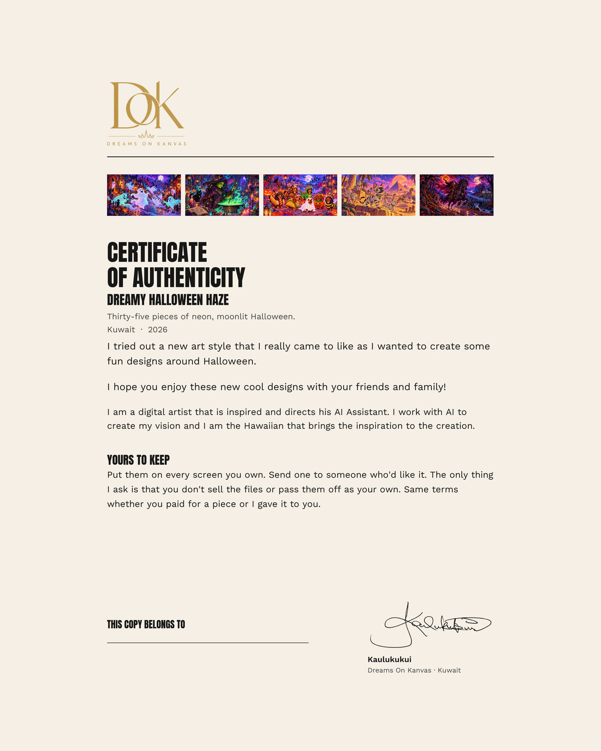 Signed certificate of authenticity for the Dreamy Halloween Haze collection by Kaulukukui, Dreams On Kanvas