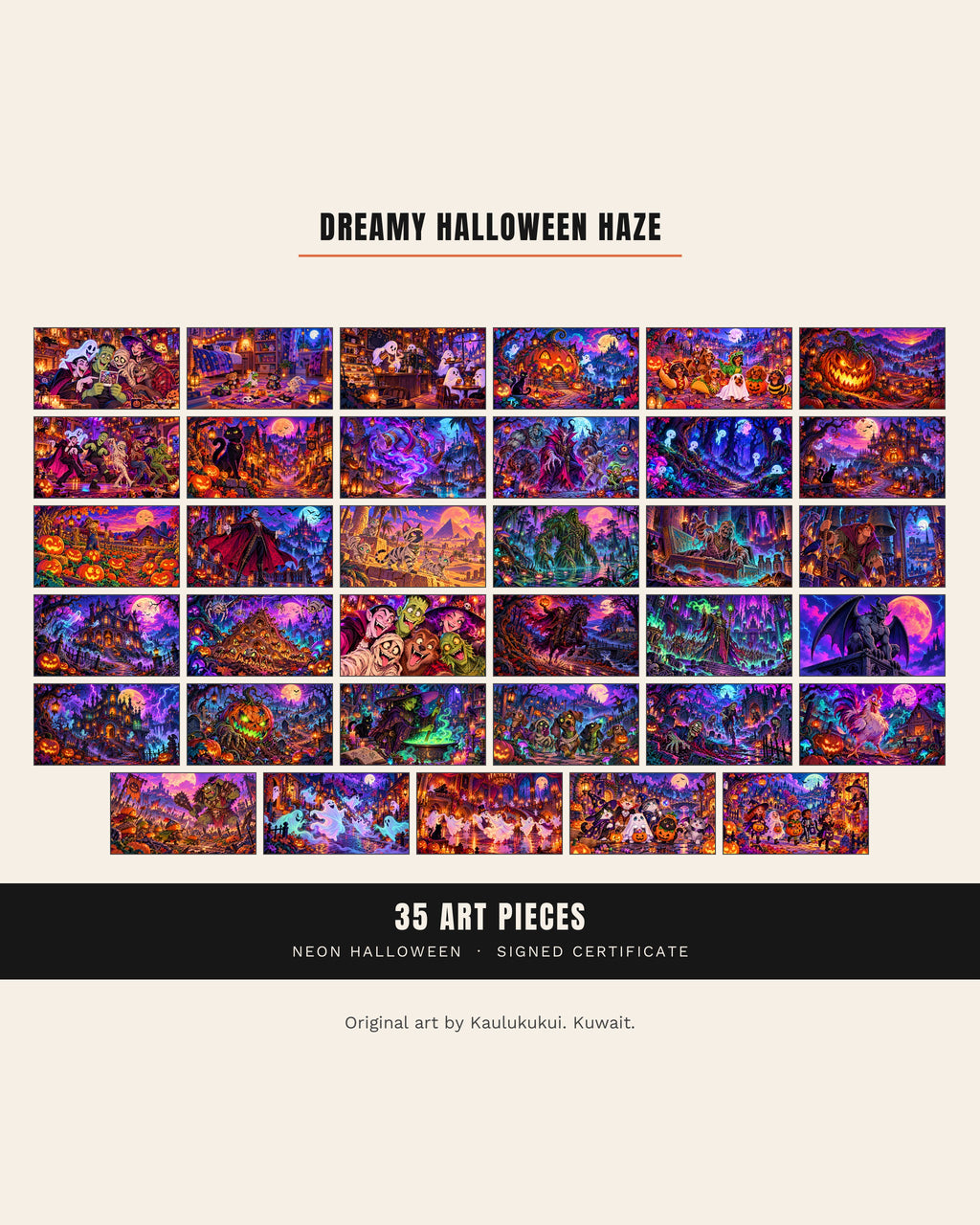 Dreamy Halloween Haze contact sheet: all 35 pieces of neon Halloween Frame TV art in 4K