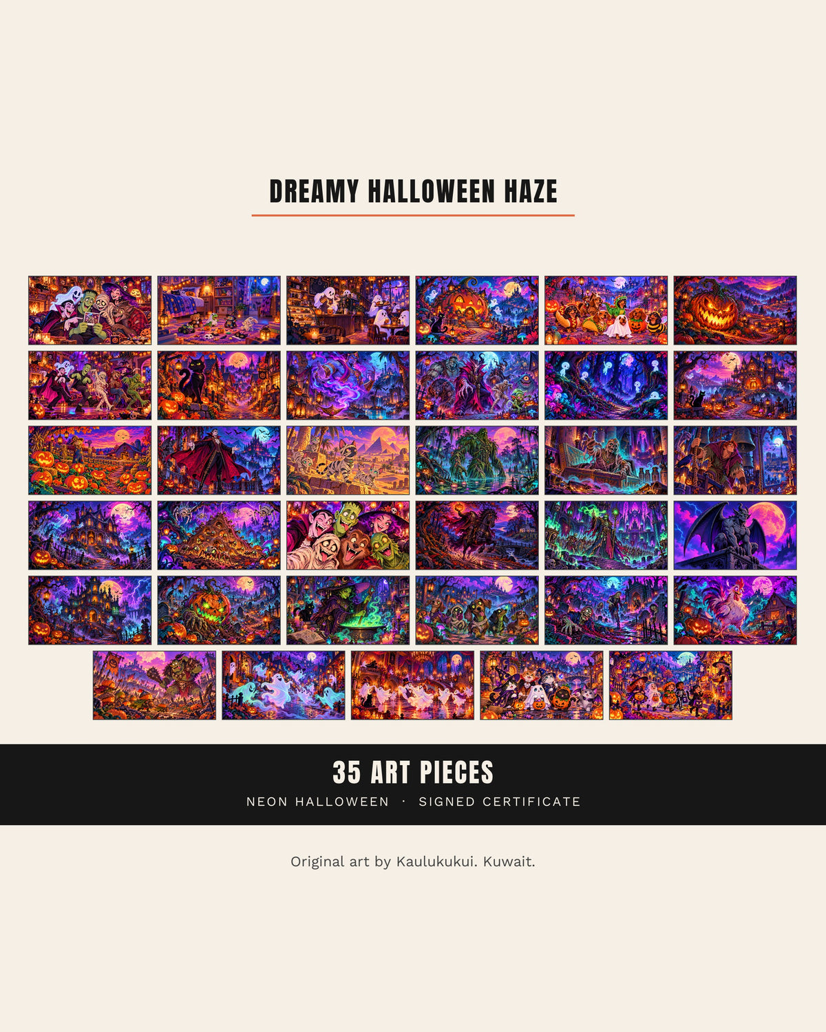 Dreamy Halloween Haze contact sheet: all 35 pieces of neon Halloween Frame TV art in 4K