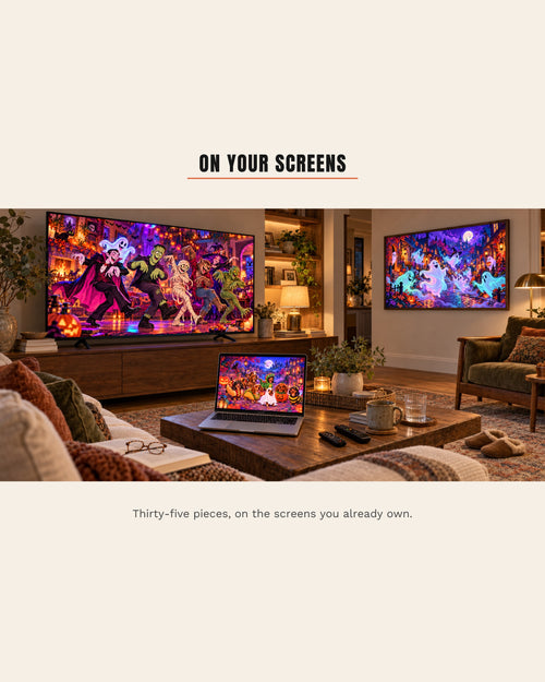 Halloween Frame TV art in a cozy living room: Dreamy Halloween Haze on the TV, the framed screen and a laptop, with a monster dance party, ghosts in a moonlit village and a dachshund costume parade