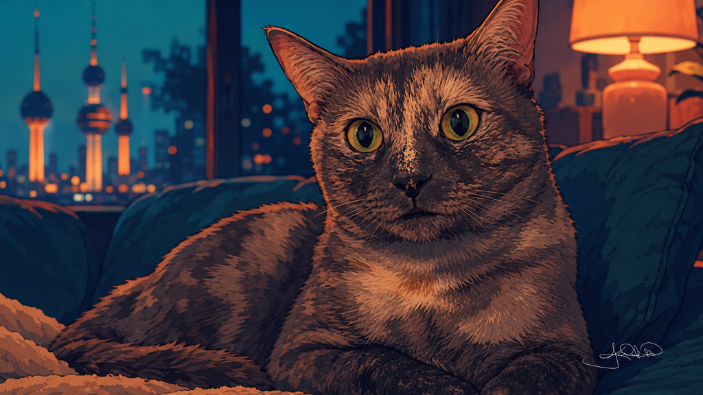 Mini, the smallest cat in the house, sitting upright on the teal couch with the Kuwait Towers lit behind her. The House That Filled Up 4K desktop wallpaper by Dreams On Kanvas