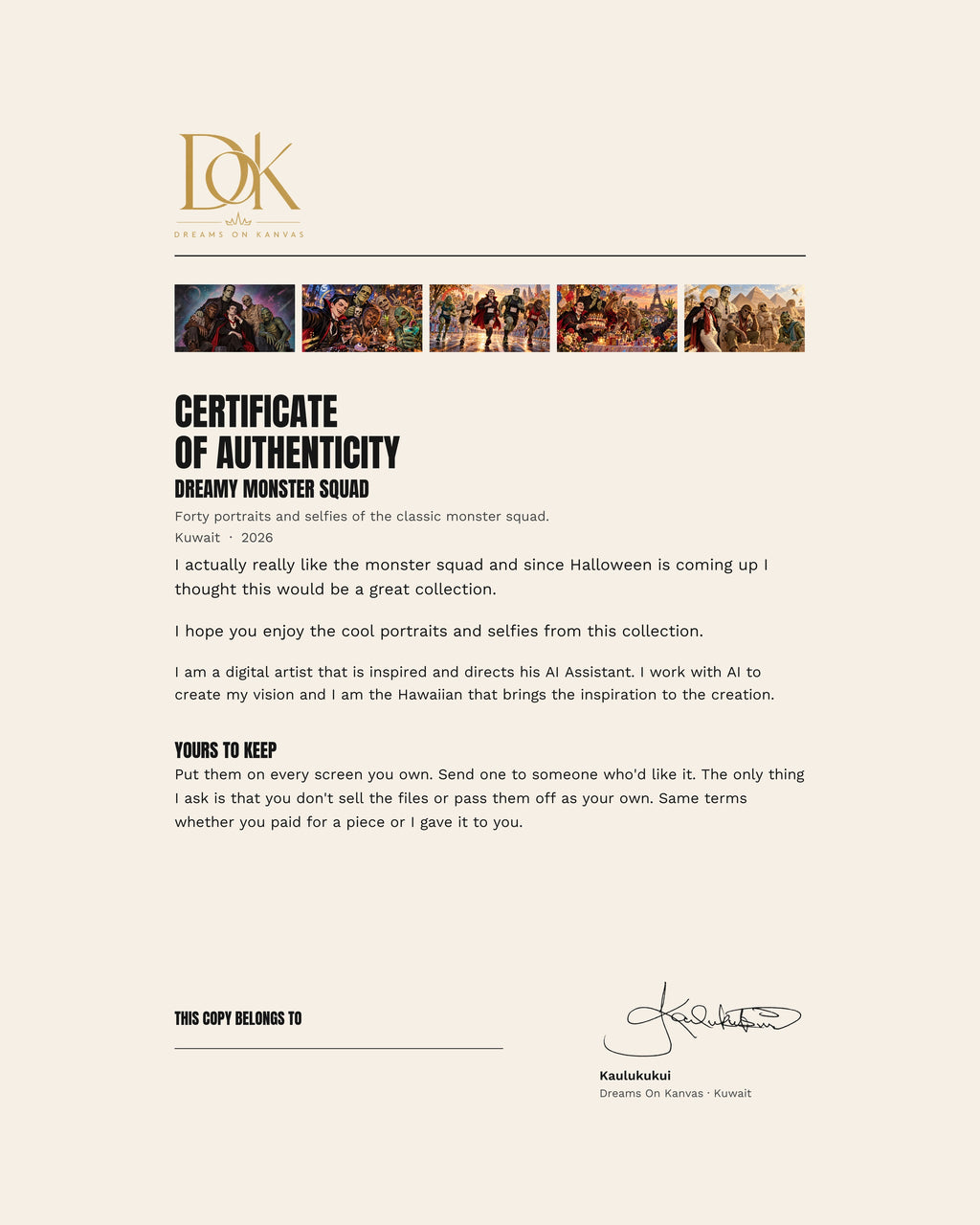 Dreamy Monster Squad certificate of authenticity, signed by Kaulukukui