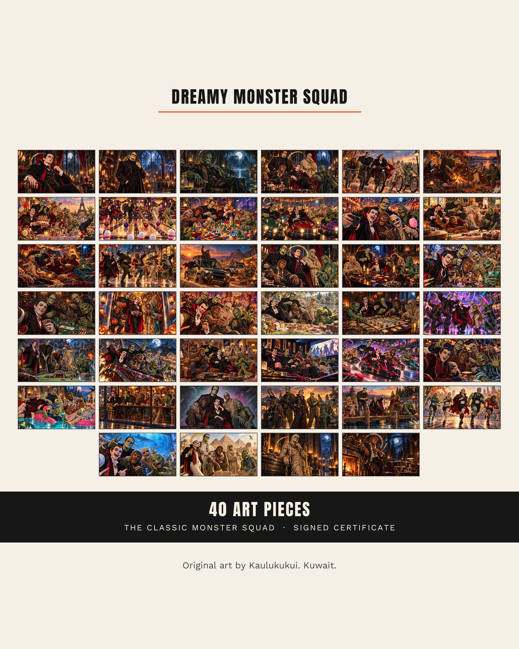 Dreamy Monster Squad contact sheet: all 40 pieces of classic monster Halloween Frame TV art in 4K