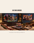 Dreamy Monster Squad Frame TV art on a TV, a framed screen and a laptop in a cozy living room: Mini-Golf Under the Moonlight, Carnival Selfie and Bumper Car Mayhem