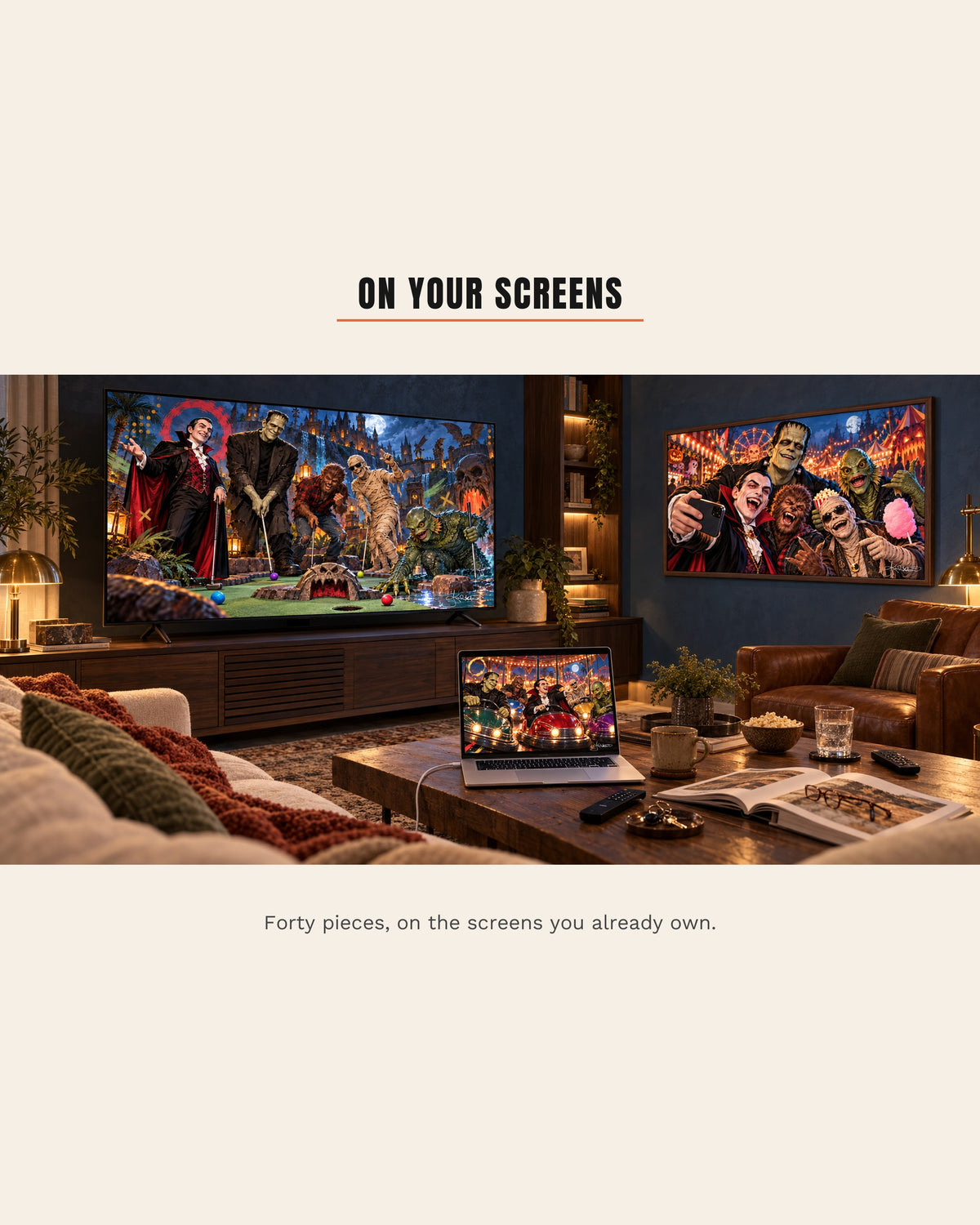 Dreamy Monster Squad Frame TV art on a TV, a framed screen and a laptop in a cozy living room: Mini-Golf Under the Moonlight, Carnival Selfie and Bumper Car Mayhem