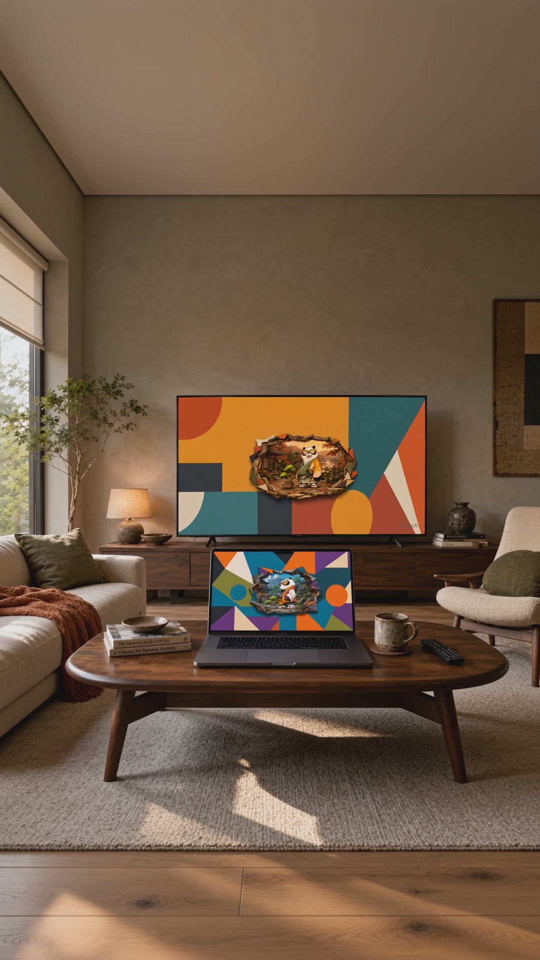 Dreamy Panda on the TV in a living room, a short clip of the art on the screens