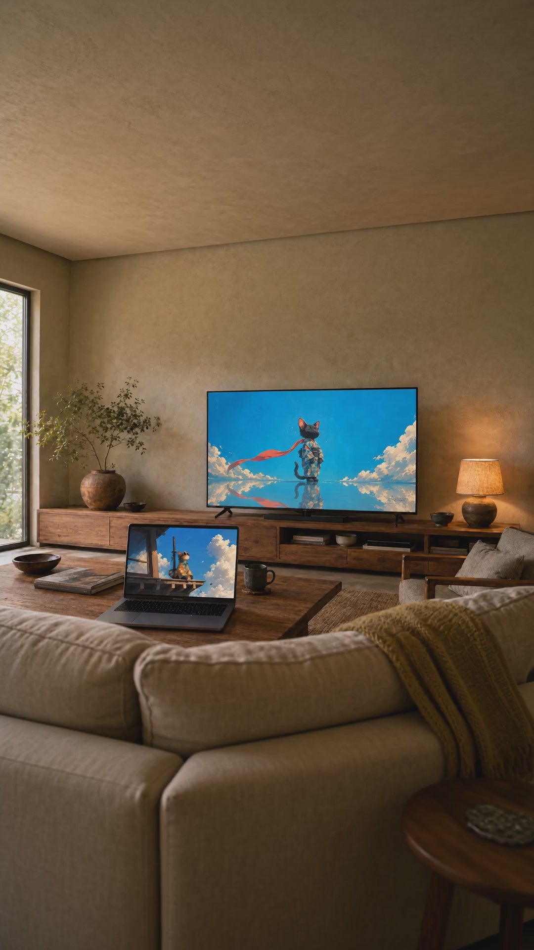 Dreamy Kitty on the TV in a living room, a short clip of the art on the screens