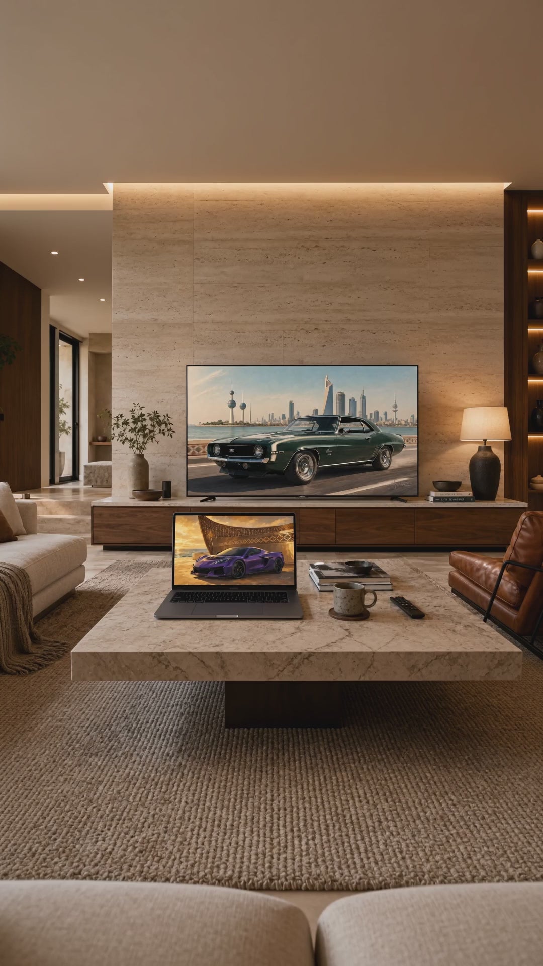 Dreamy Car on the TV in a living room, a short clip of the art on the screens