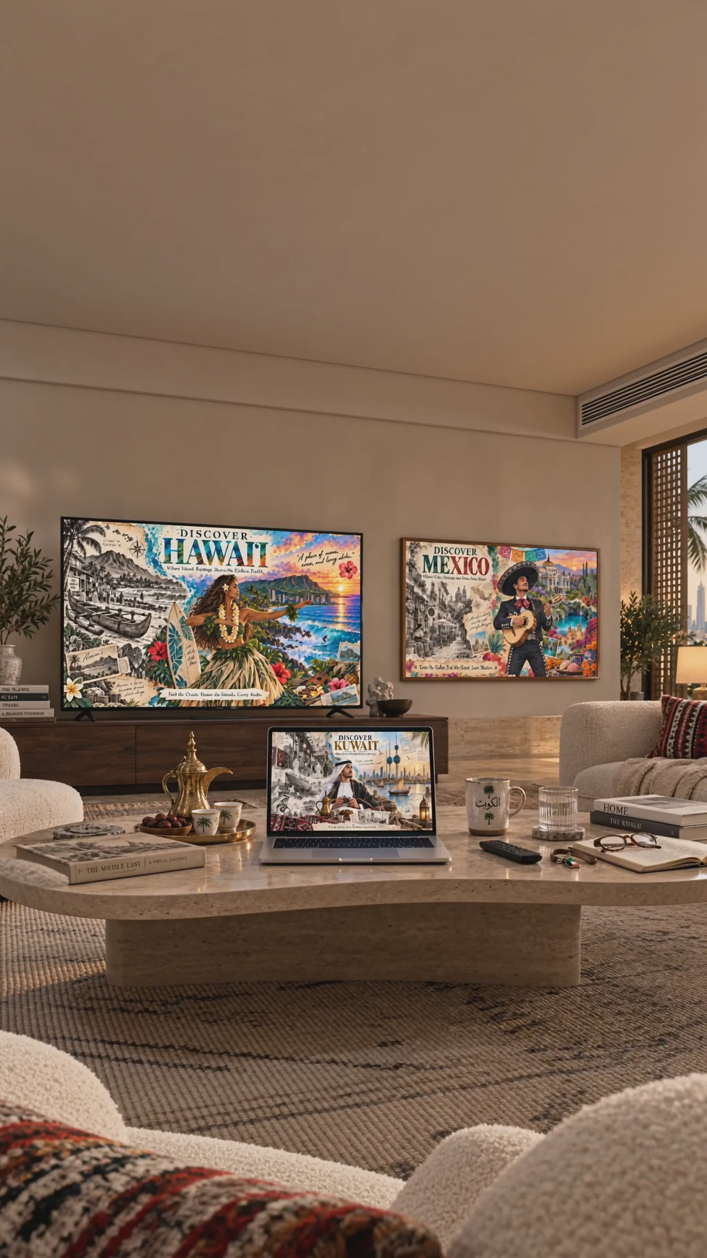 Dreamy Post Card on the TV in a living room, a short clip of the art on the screens