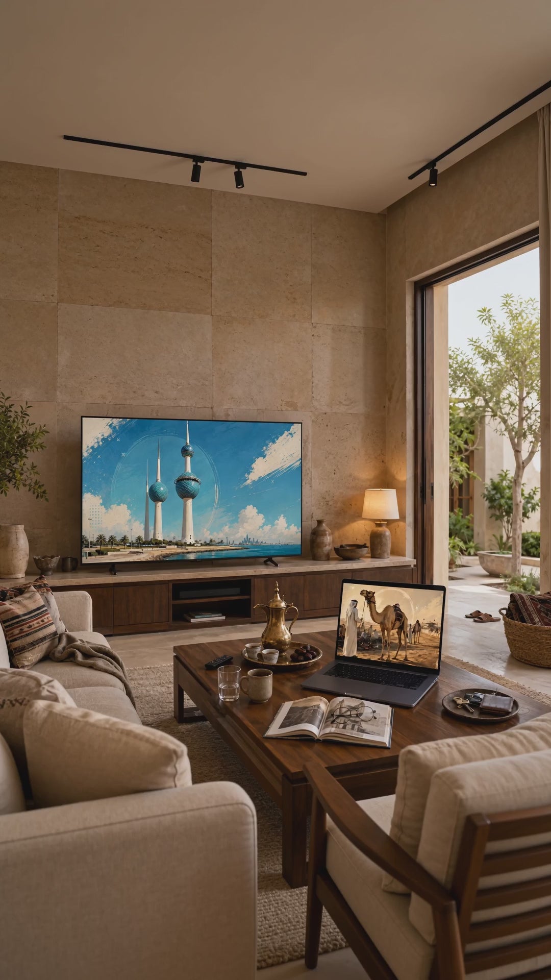Dreamy Kuwait on the TV in a living room, a short clip of the art on the screens