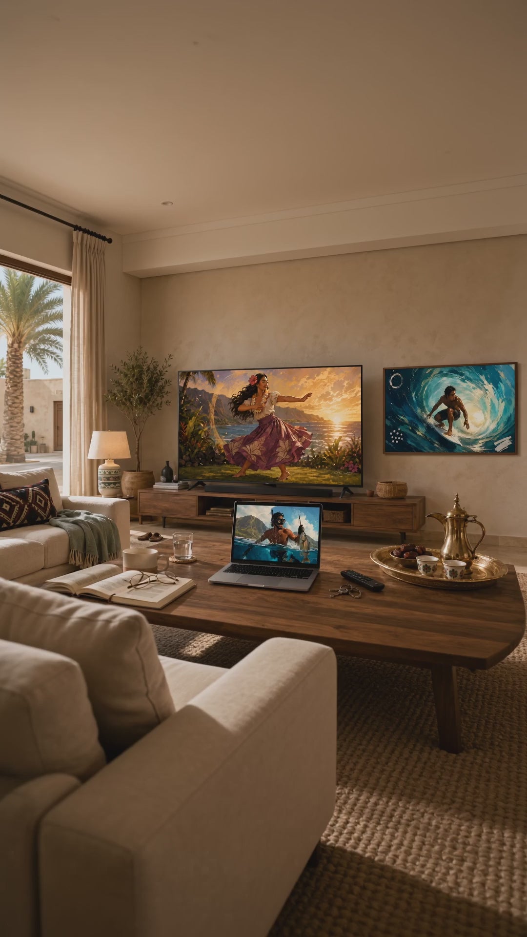Dreamy Hawaiian Culture on the TV in a living room, a short clip of the art on the screens
