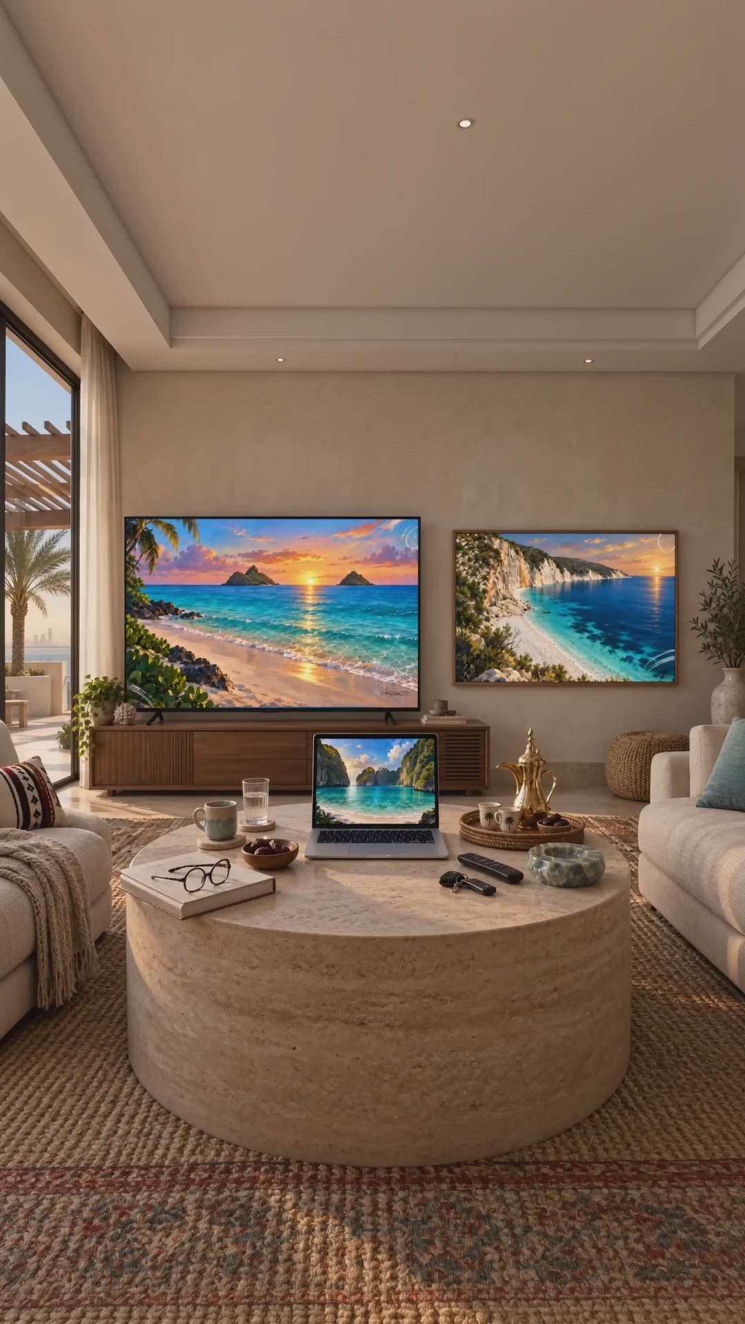Dreamy Beach on the TV in a living room, a short clip of the art on the screens