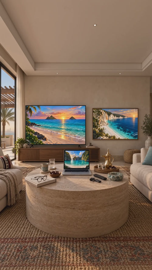 Dreamy Beach on the TV in a living room, a short clip of the art on the screens