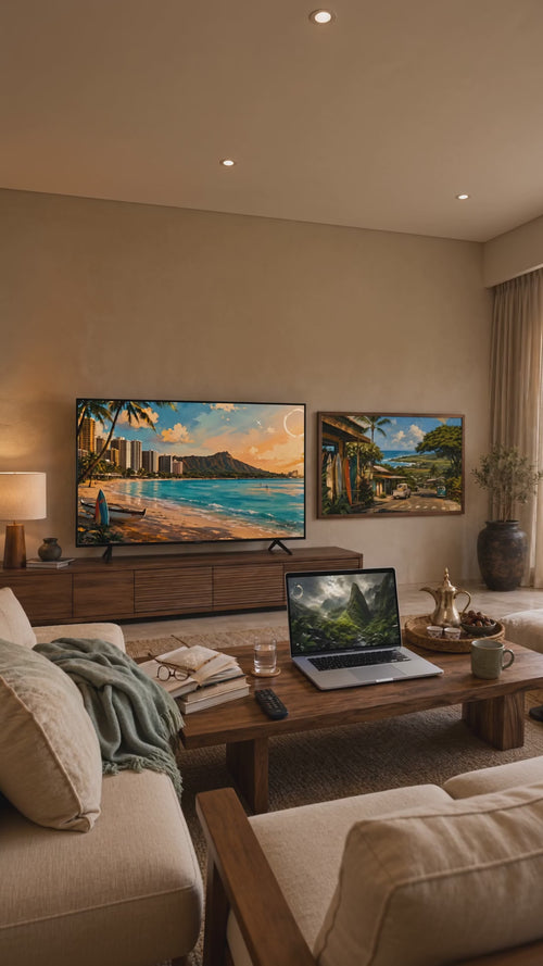 Dreamy Hawaii on the TV in a living room, a short clip of the art on the screens