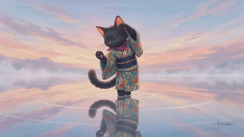 A preview of the Kimono Cat Dance, a black cat in a floral kimono dancing on still water at sunset. The full 38 second version comes with the collection