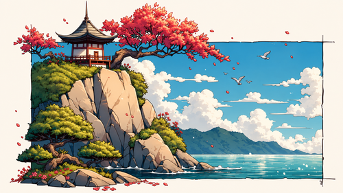 Red maple and a small pagoda on a sea cliff with gulls over a calm bay. Same Ocean 4K desktop wallpaper by Dreams On Kanvas