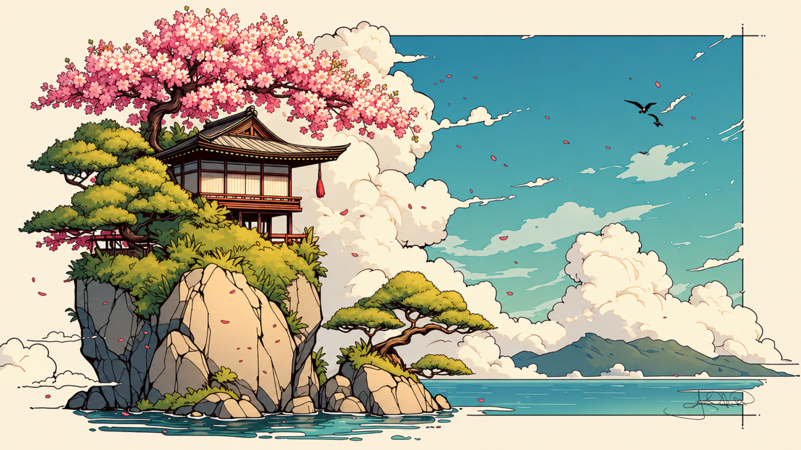 Pagoda under cherry blossom on a rock with pines below, tall white clouds over blue water, the right side left open for desktop icons. Same Ocean free 4K desktop wallpaper by Dreams On Kanvas