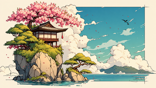 Pagoda under cherry blossom on a rock with pines below, tall white clouds over blue water, the right side left open for desktop icons. Same Ocean free 4K desktop wallpaper by Dreams On Kanvas