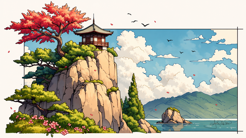 Wooden house on a rock under red maple and cypress, clouds and a small rock island offshore. Same Ocean 4K desktop wallpaper by Dreams On Kanvas