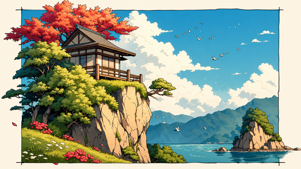 Wooden house on a grassy clifftop under red maple, mountains and a rock island offshore. Same Ocean 4K desktop wallpaper by Dreams On Kanvas
